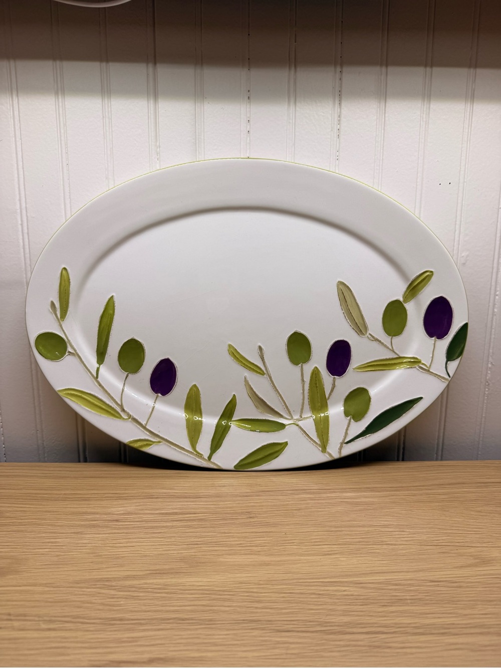 Sonoma White Ceramic Serving Platter with Green Leaves & Purple Olives